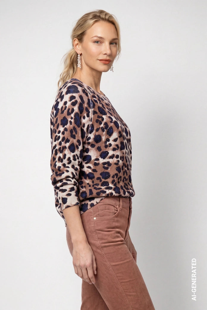 Monari Leopard Print Crew Neck Sweater with Rhinestone Detail