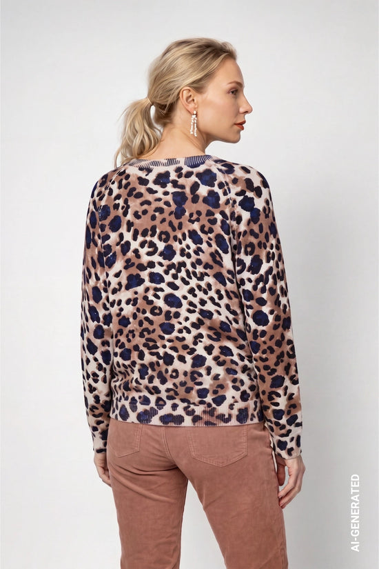 Monari Leopard Print Crew Neck Sweater with Rhinestone Detail