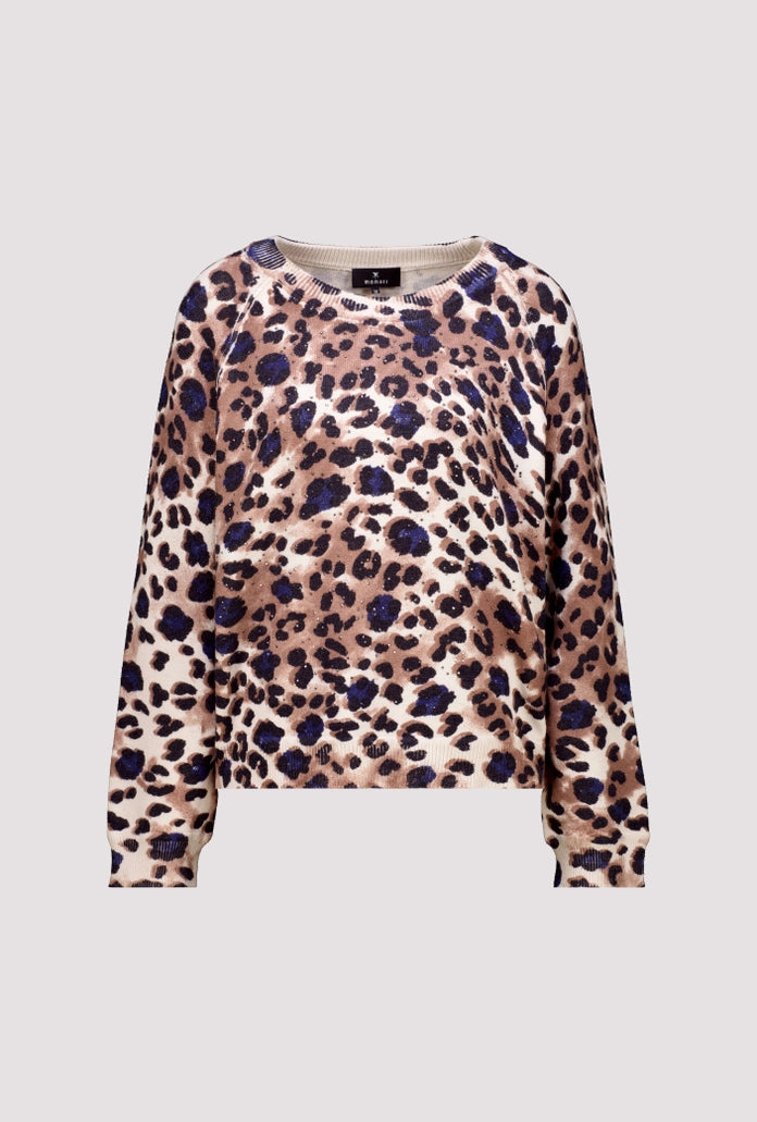 Monari Leopard Print Crew Neck Sweater with Rhinestone Detail