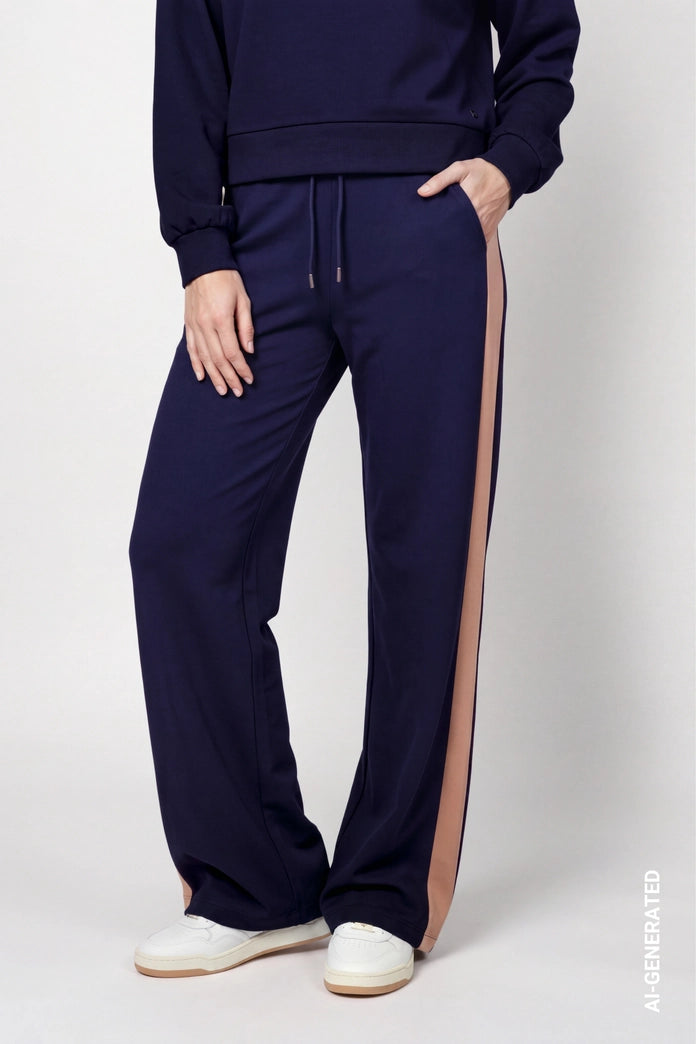 Monari Dark Blue Straight Leg Trousers with Stripes