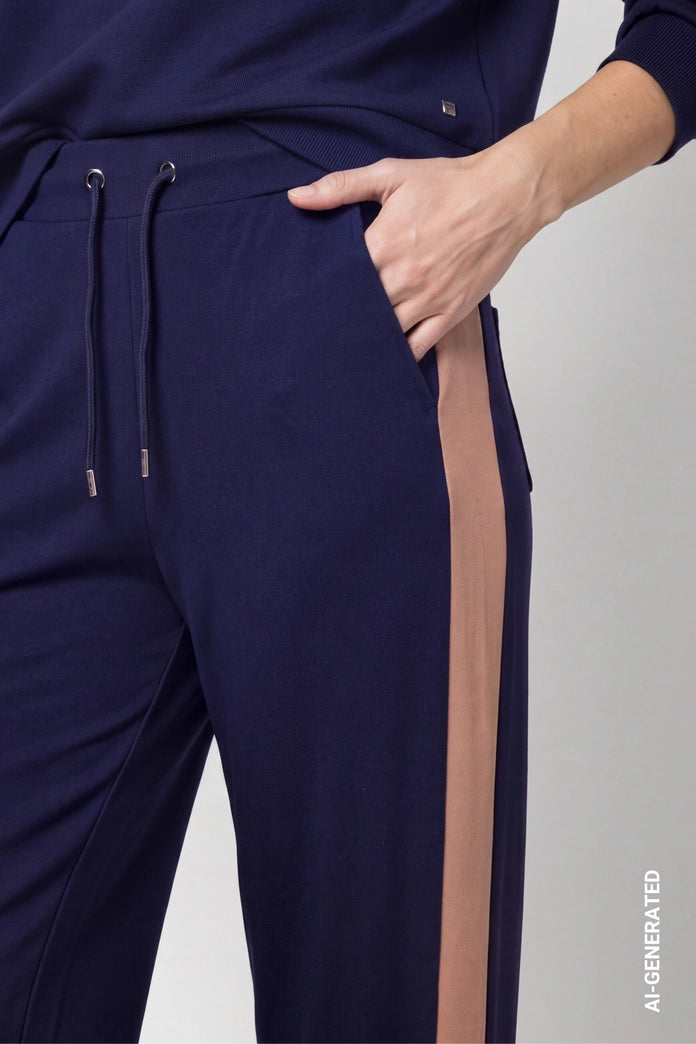 Monari Dark Blue Straight Leg Trousers with Stripes
