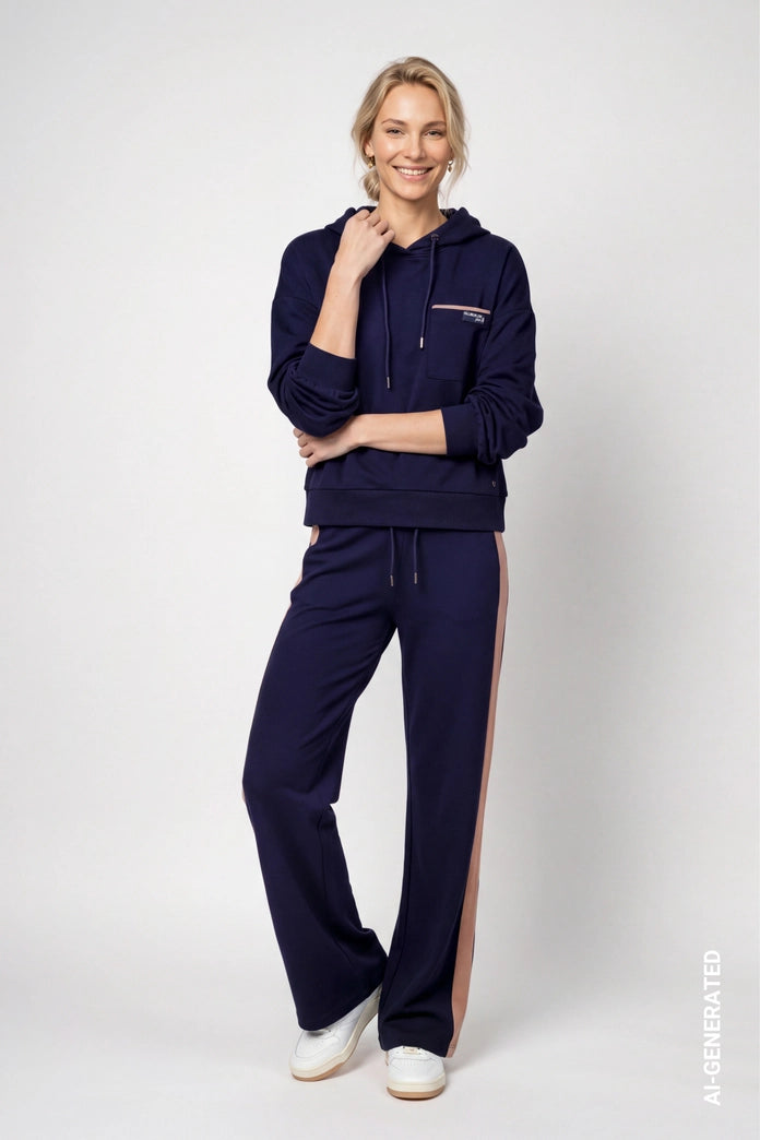 Monari Dark Blue Straight Leg Trousers with Stripes
