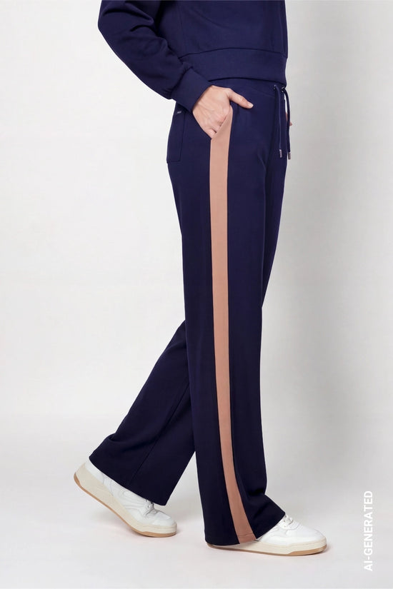 Monari Dark Blue Straight Leg Trousers with Stripes
