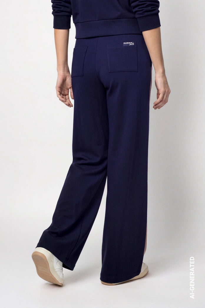 Monari Dark Blue Straight Leg Trousers with Stripes