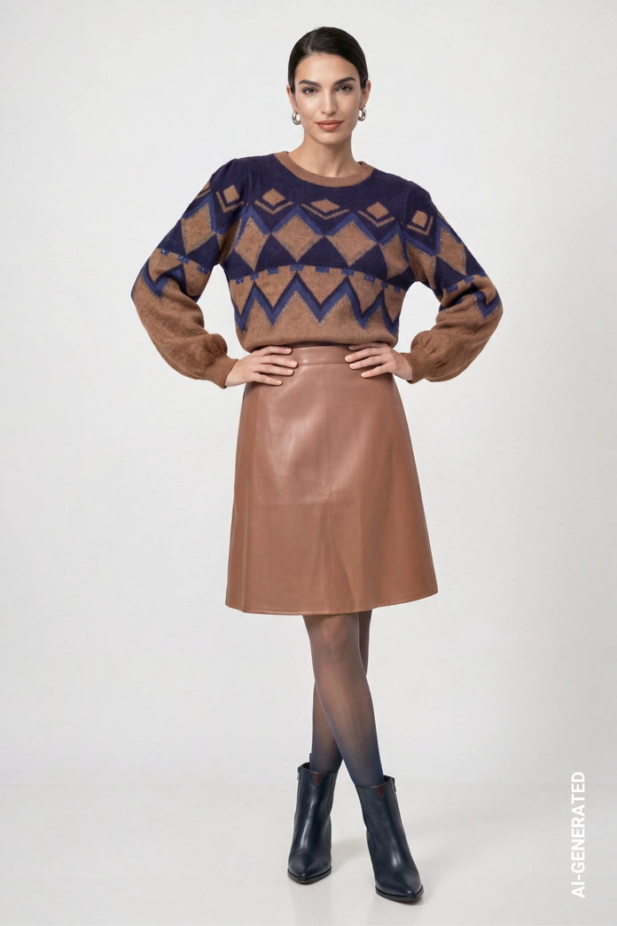 Monari Brown/Navy Knitted Sweater with Jacquard Pattern