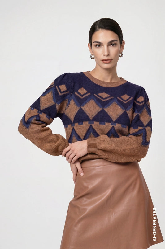 Monari Brown/Navy Knitted Sweater with Jacquard Pattern