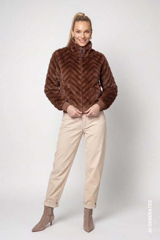 Monari Dark Brown Faux Fur Jacket with ZigZag Pattern