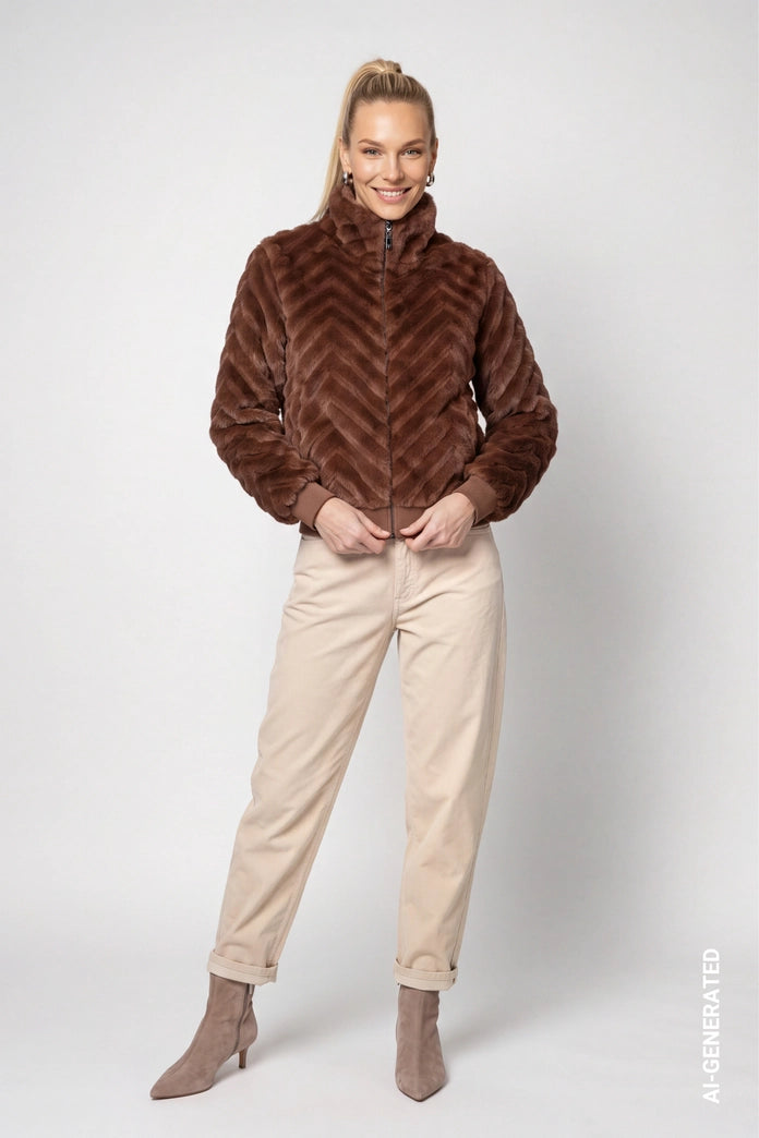 Monari Dark Brown Faux Fur Jacket with ZigZag Pattern