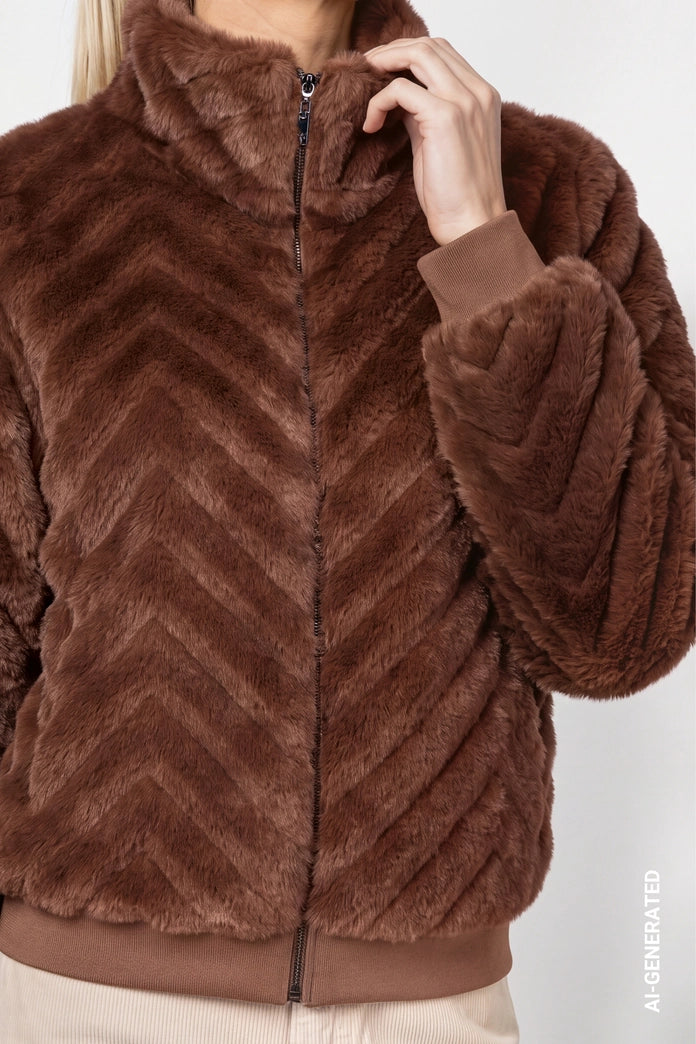 Monari Dark Brown Faux Fur Jacket with ZigZag Pattern