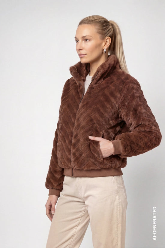 Monari Dark Brown Faux Fur Jacket with ZigZag Pattern