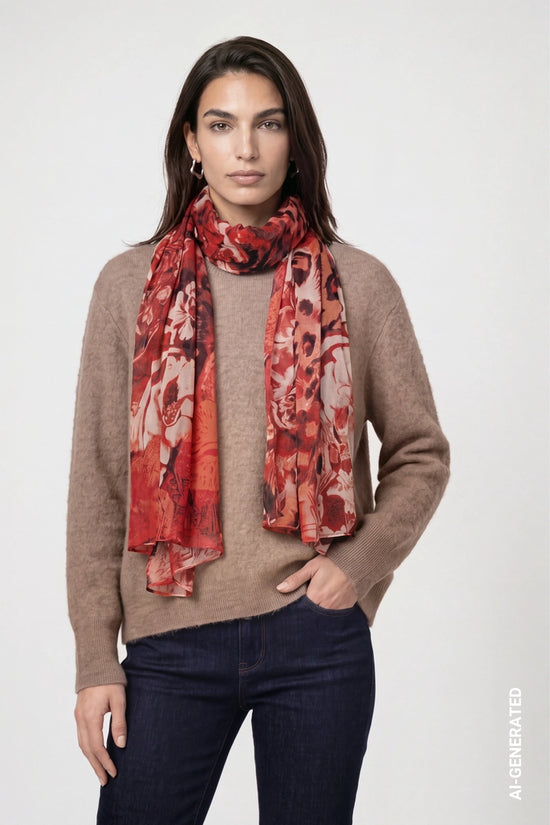 Monari Autumn Red Patterned Scarf with Leopard Floral Pattern