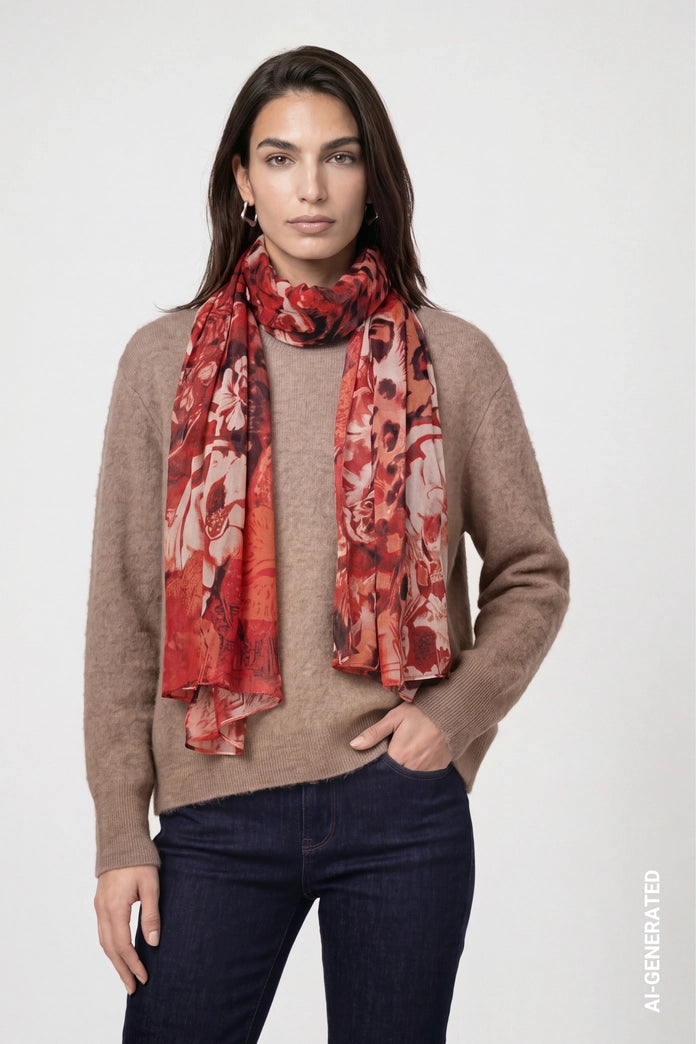 Monari Autumn Red Patterned Scarf with Leopard Floral Pattern