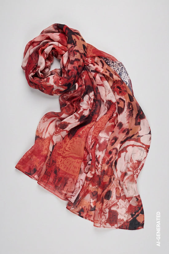 Monari Autumn Red Patterned Scarf with Leopard Floral Pattern