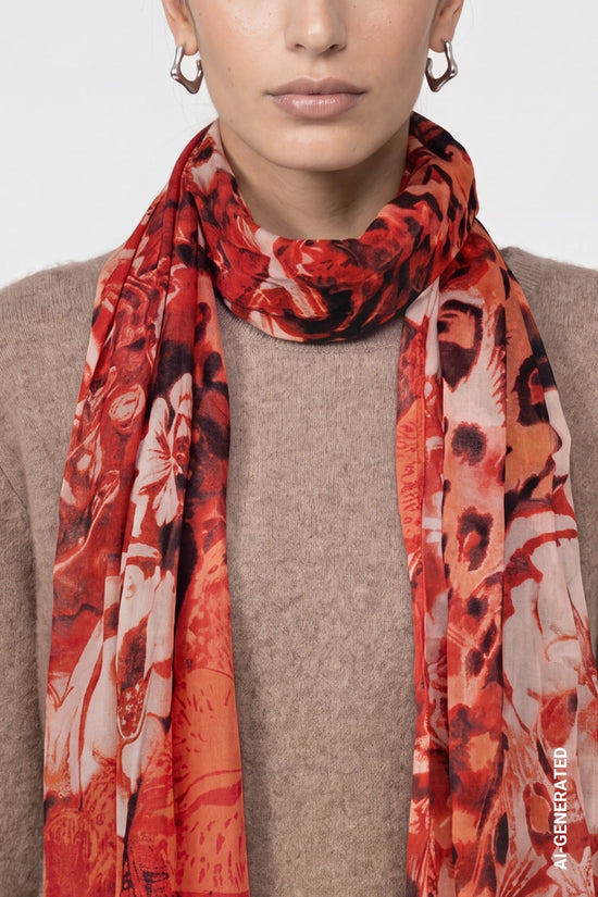 Monari Autumn Red Patterned Scarf with Leopard Floral Pattern