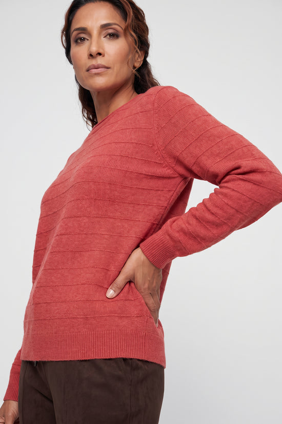 Olsen Red Ribbed Knit Sweater with Long Sleeves