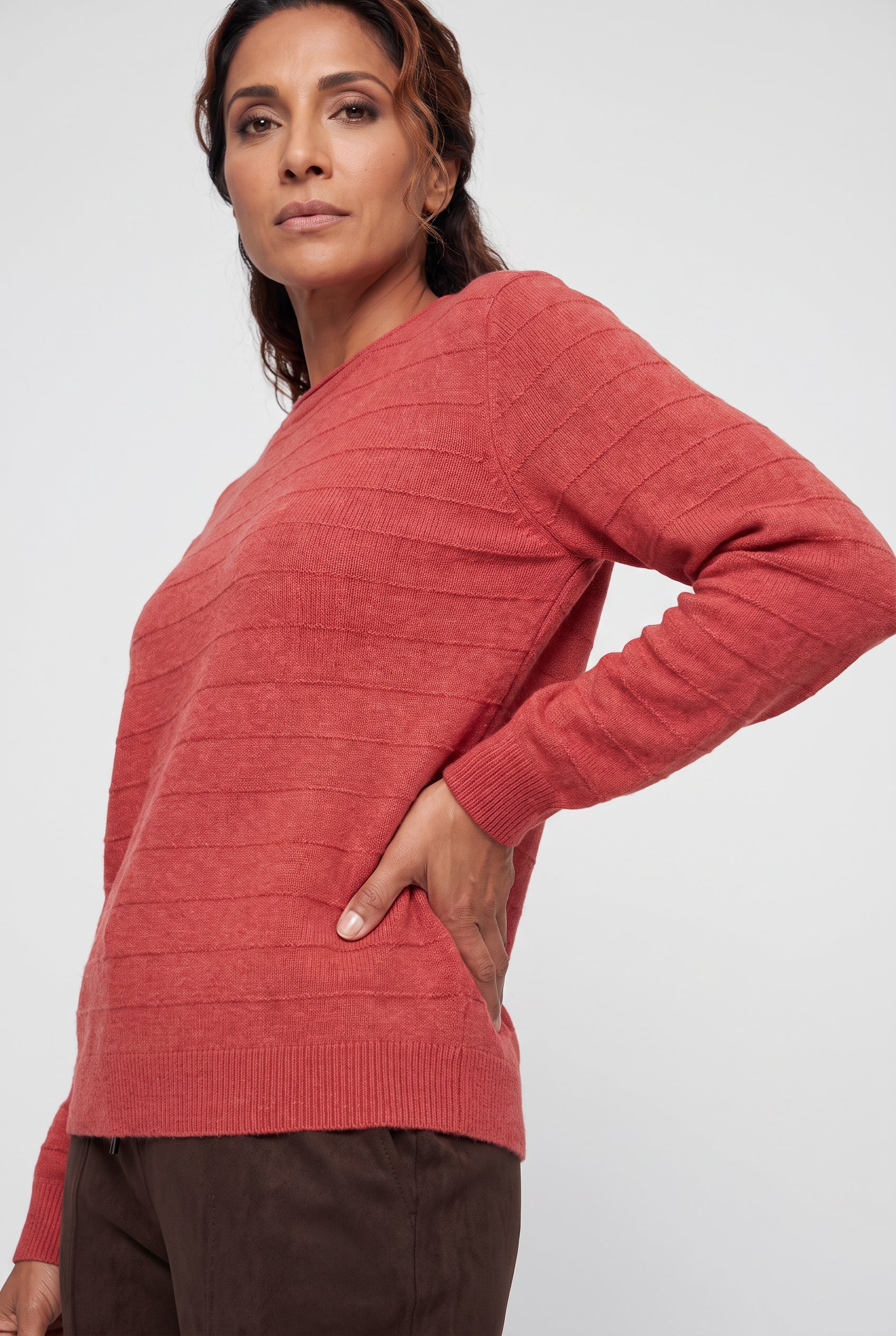 Olsen Red Ribbed Knit Sweater with Long Sleeves