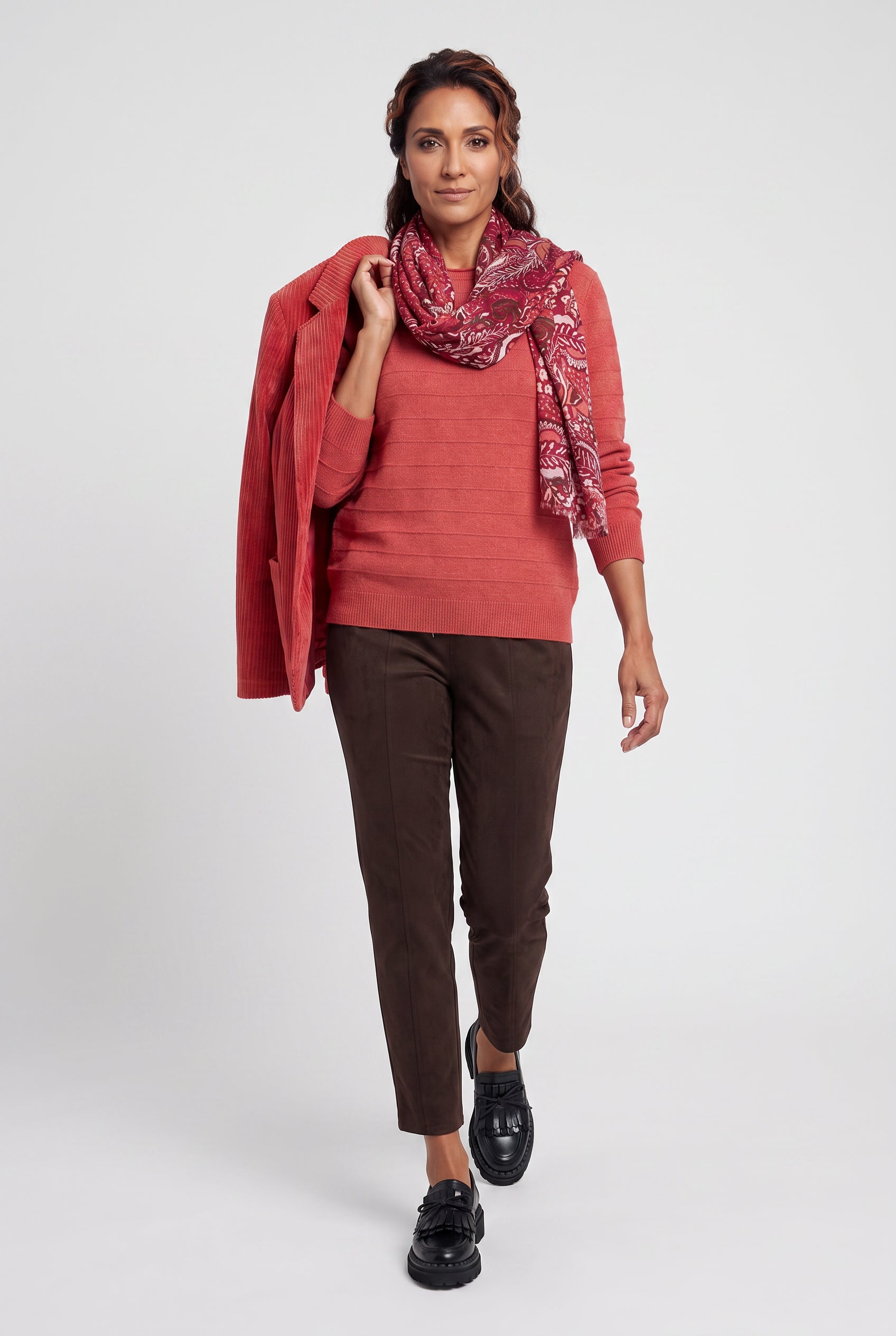 Olsen Red Ribbed Knit Sweater with Long Sleeves