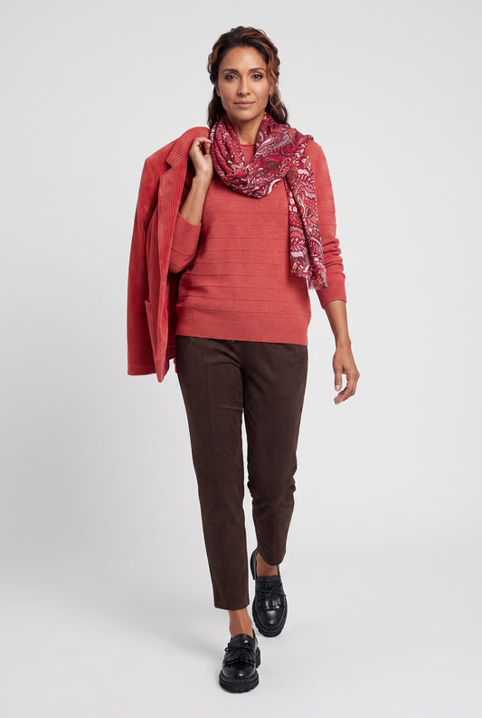 Olsen Red Ribbed Knit Sweater with Long Sleeves