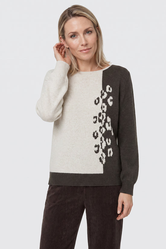 Olsen Almond Block Colour Patterned Sweater with Crew Neck & Long Sleeves