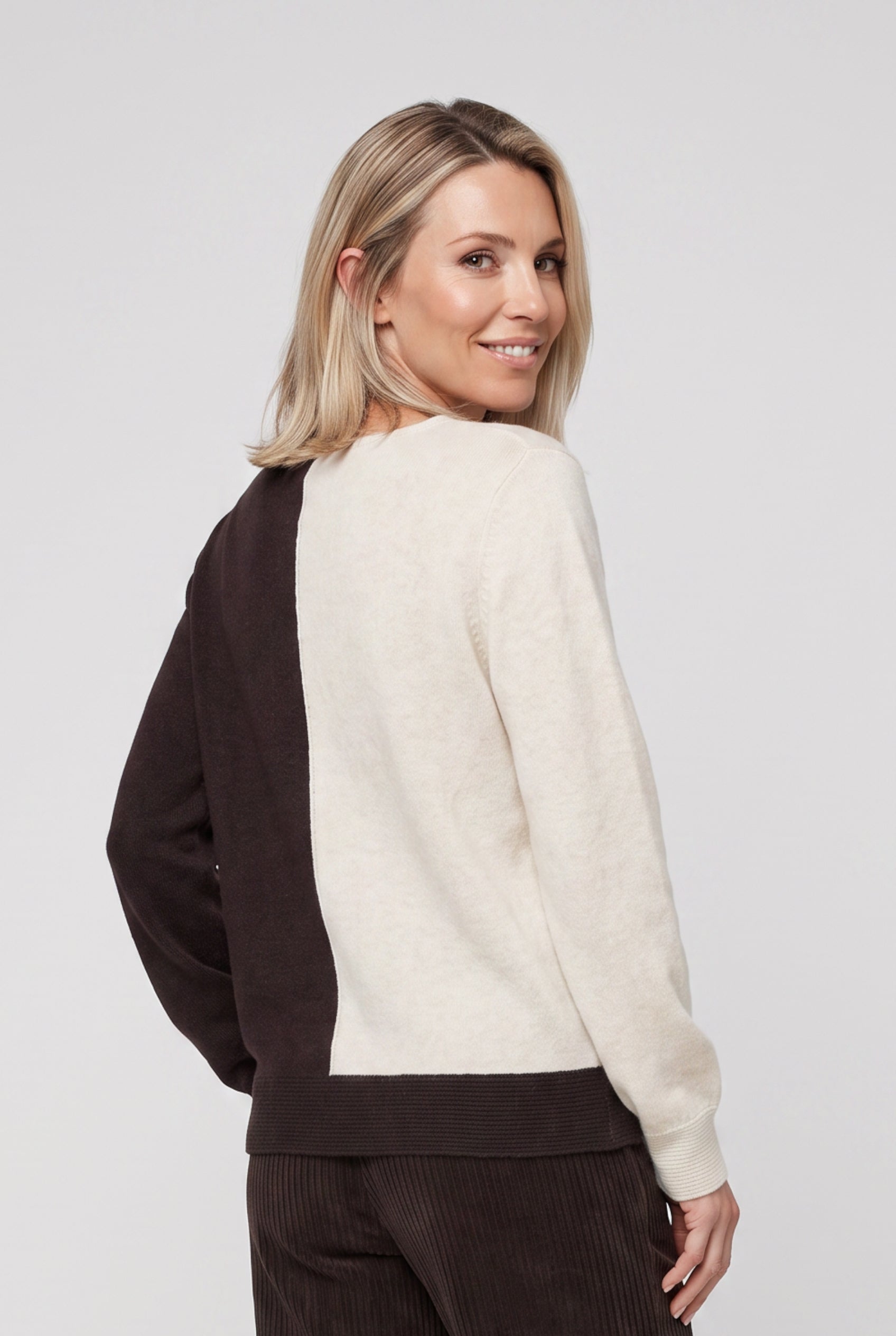 Olsen Almond Block Colour Patterned Sweater with Crew Neck & Long Sleeves