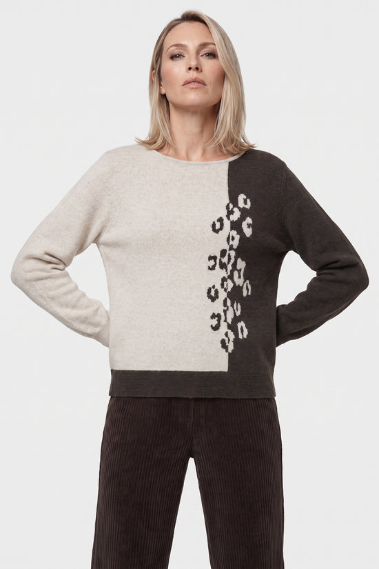 Olsen Almond Block Colour Patterned Sweater with Crew Neck & Long Sleeves