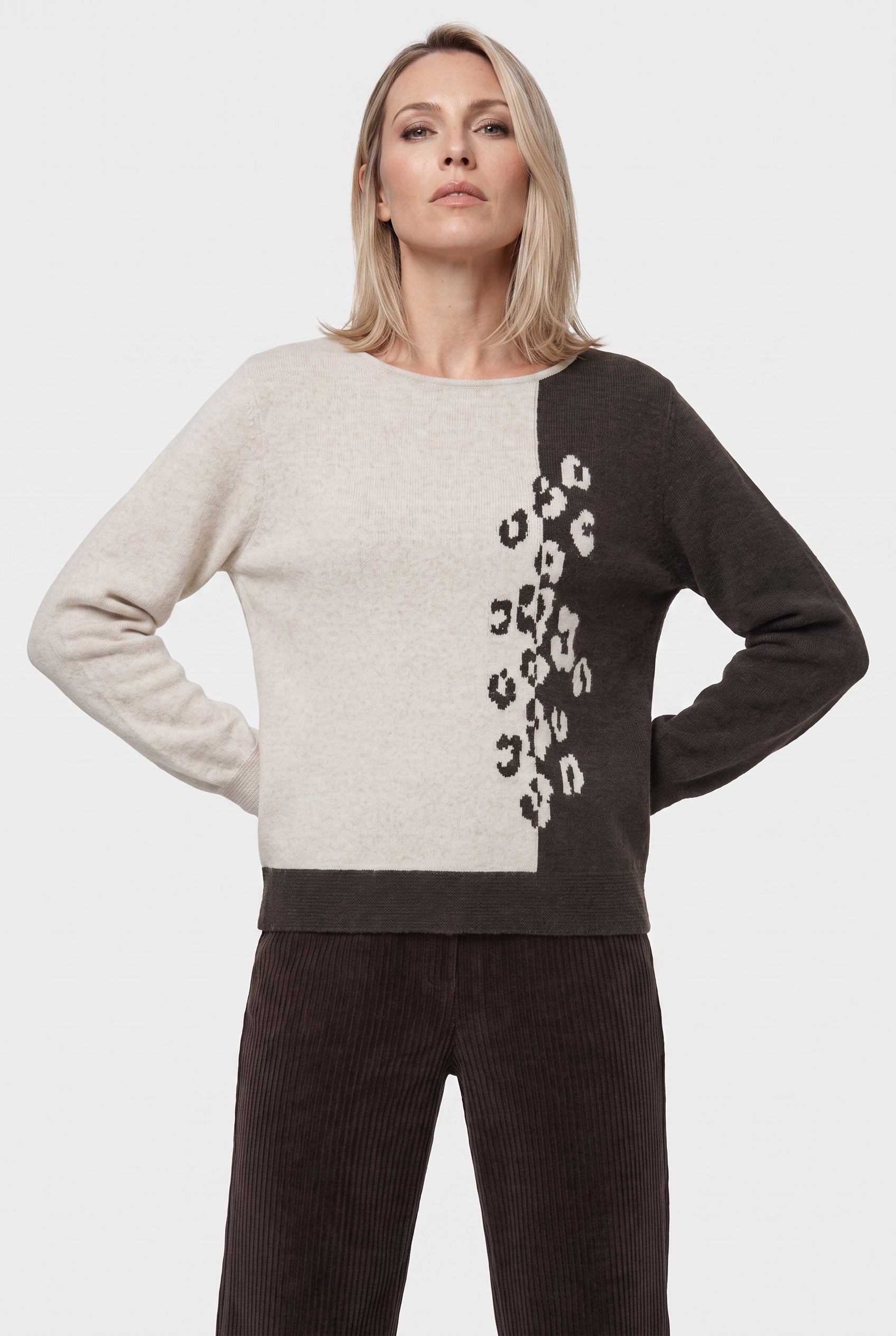 Olsen Almond Block Colour Patterned Sweater with Crew Neck & Long Sleeves