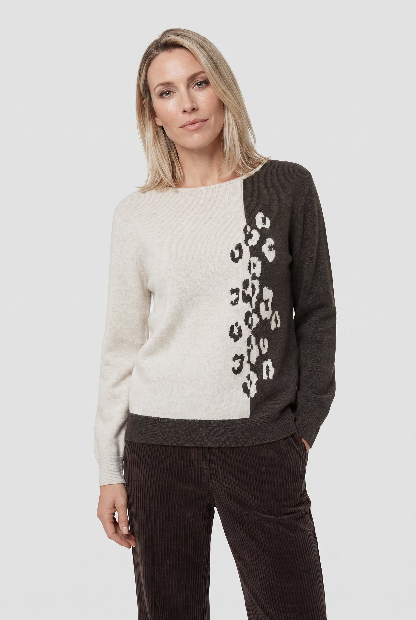 Olsen Almond Block Colour Patterned Sweater with Crew Neck & Long Sleeves
