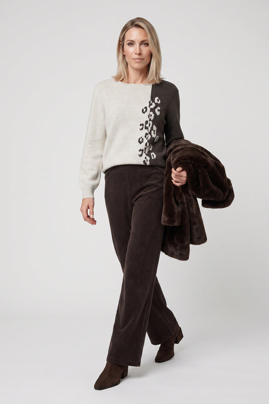 Olsen Almond Block Colour Patterned Sweater with Crew Neck & Long Sleeves