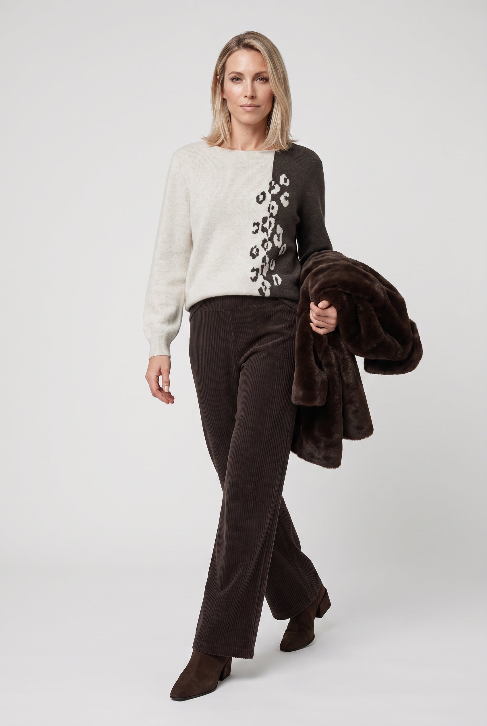 Olsen Almond Block Colour Patterned Sweater with Crew Neck & Long Sleeves