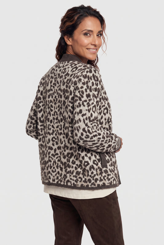 Olsen Coffee Animal Print Cardigan with Press Stud Fastening & Pockets