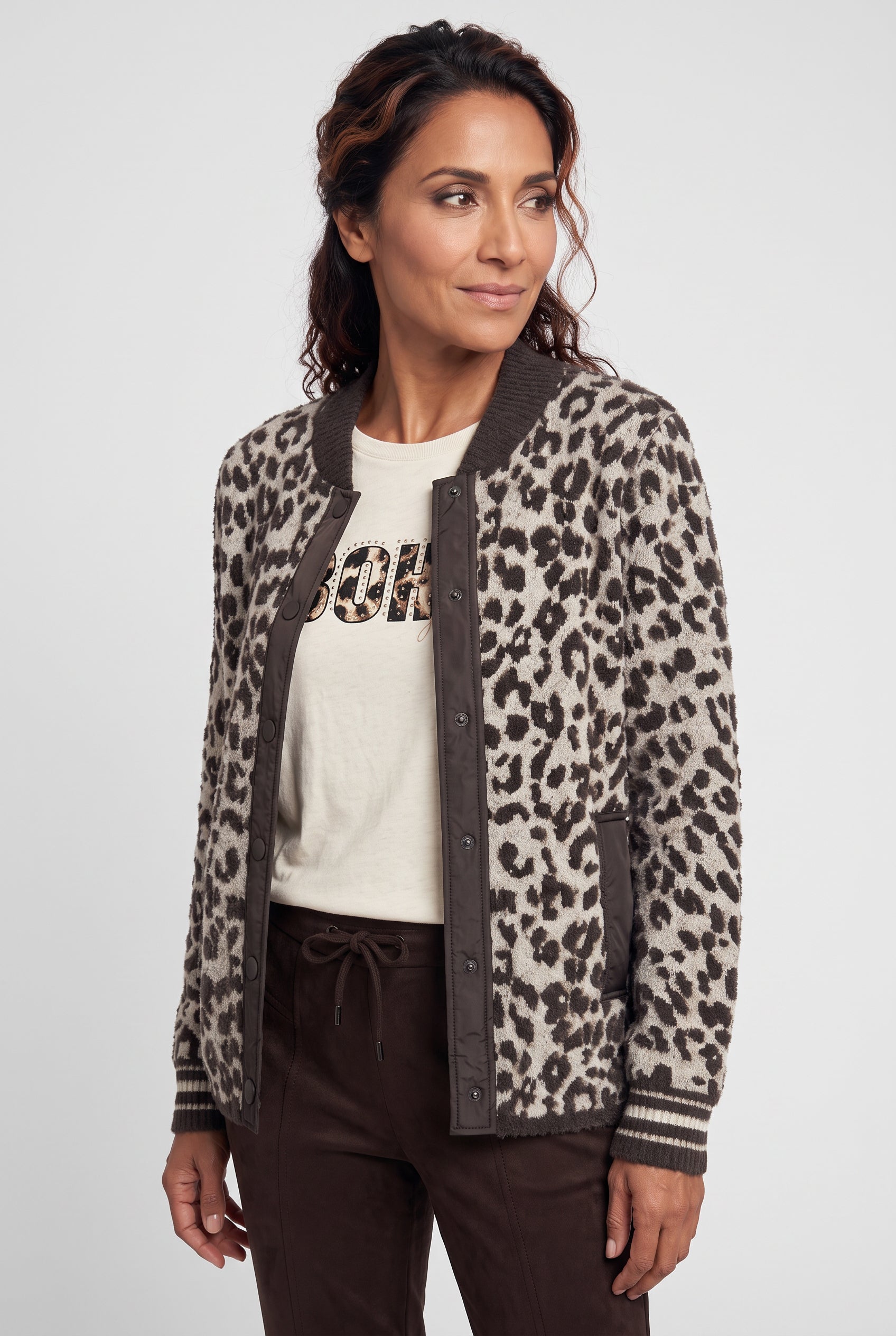 Olsen Coffee Animal Print Cardigan with Press Stud Fastening & Pockets