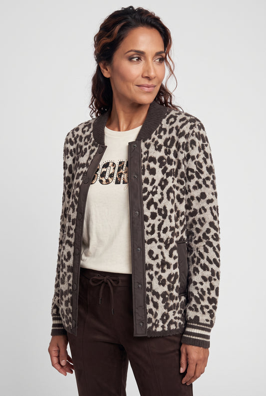 Olsen Coffee Animal Print Cardigan with Press Stud Fastening & Pockets