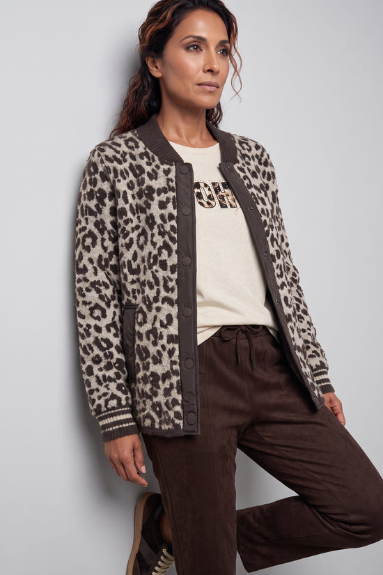 Olsen Coffee Animal Print Cardigan with Press Stud Fastening & Pockets