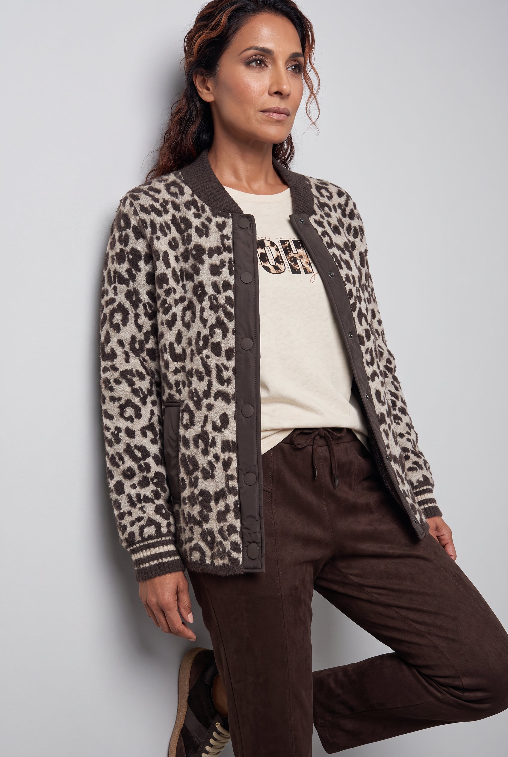 Olsen Coffee Animal Print Cardigan with Press Stud Fastening & Pockets