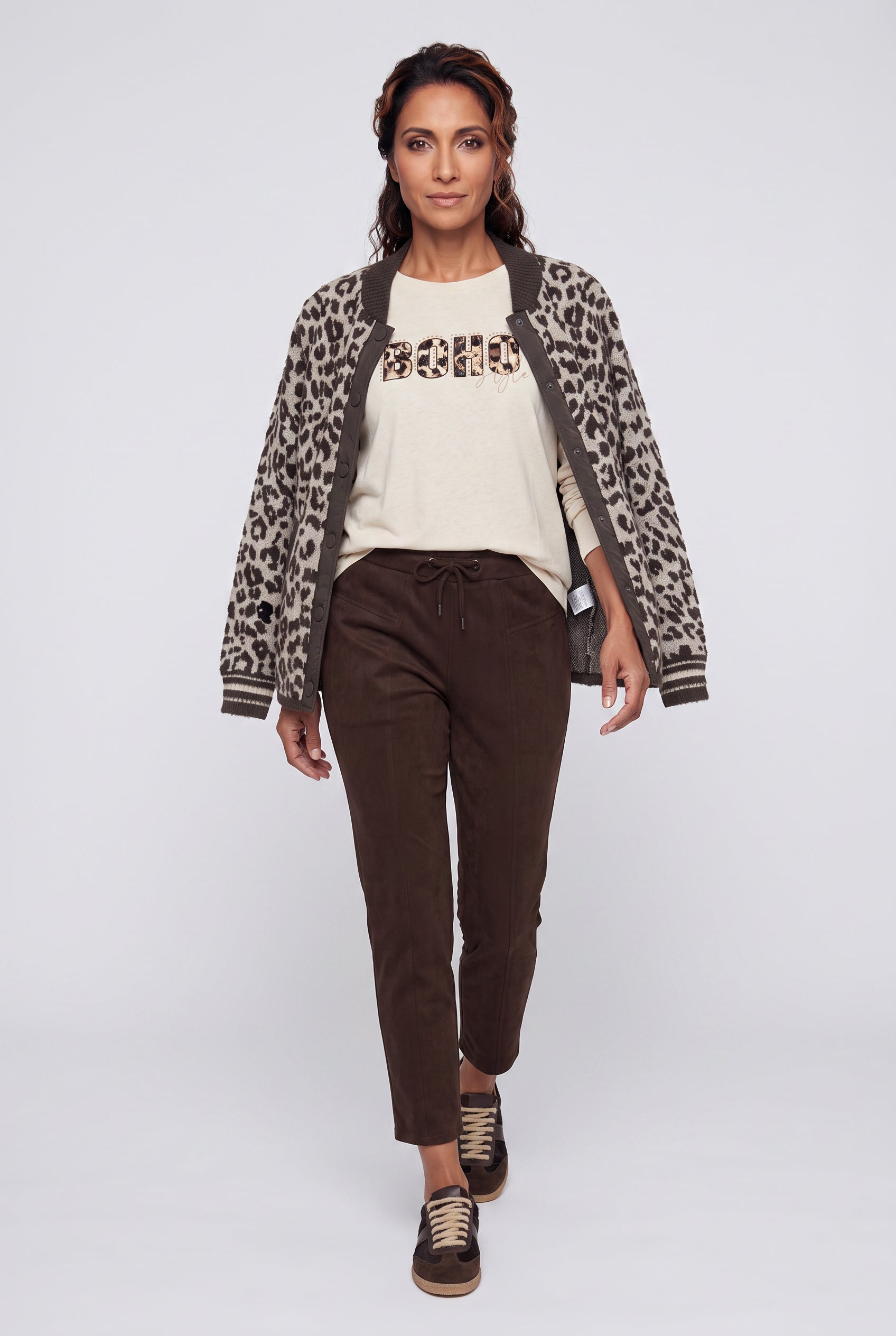 Olsen Coffee Animal Print Cardigan with Press Stud Fastening & Pockets