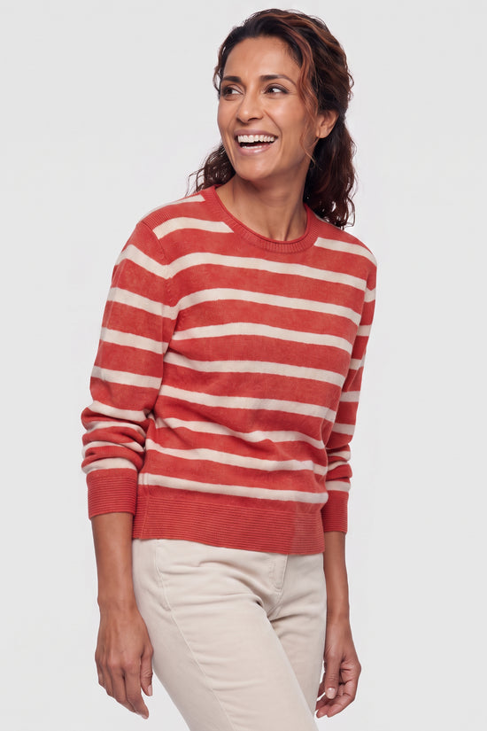 Olsen Red Stripe Crew Neck Sweater with Long Sleeves