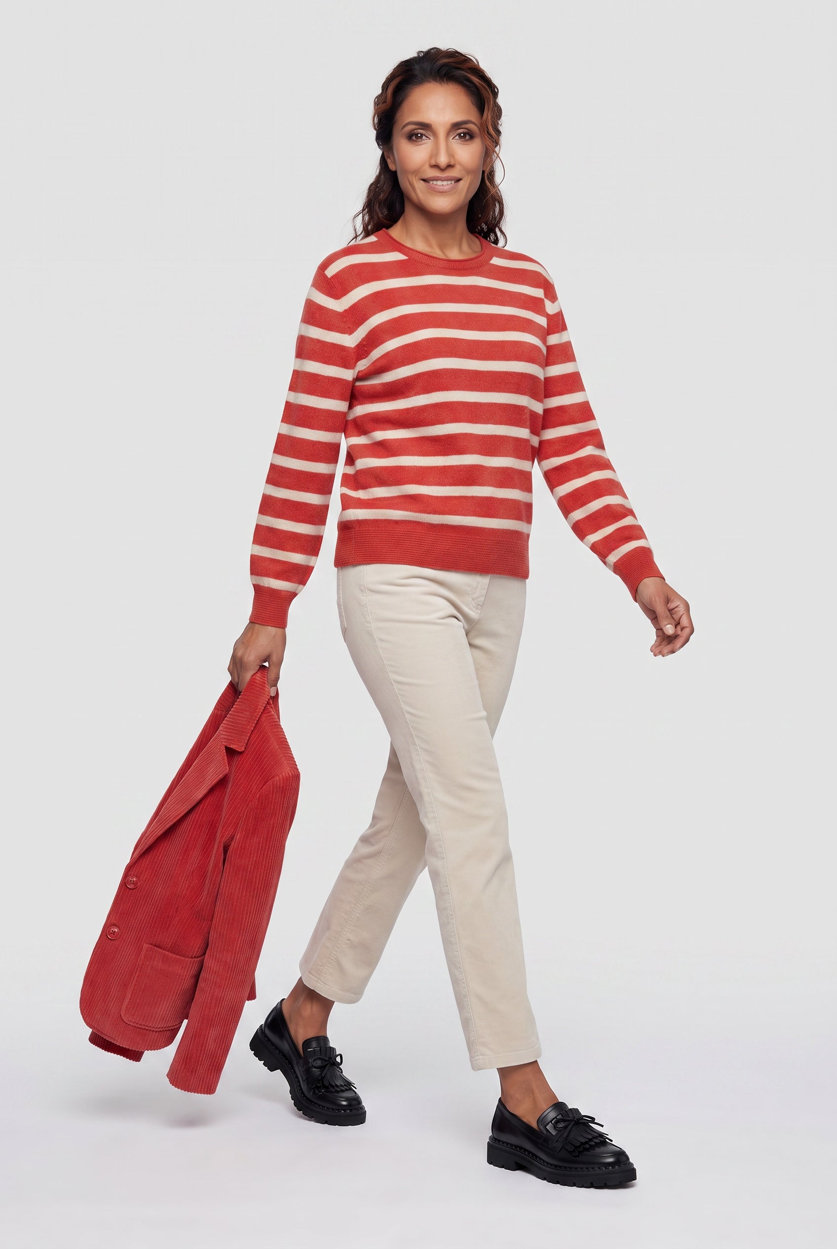 Olsen Red Stripe Crew Neck Sweater with Long Sleeves