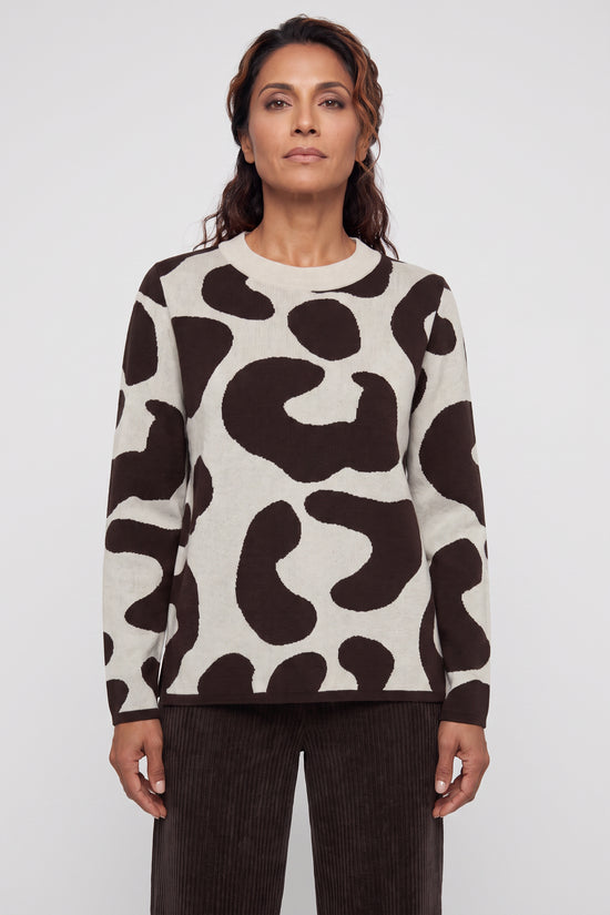 Olsen Almond & Coffee Patterned Sweater with Round Neck, Long Sleeves