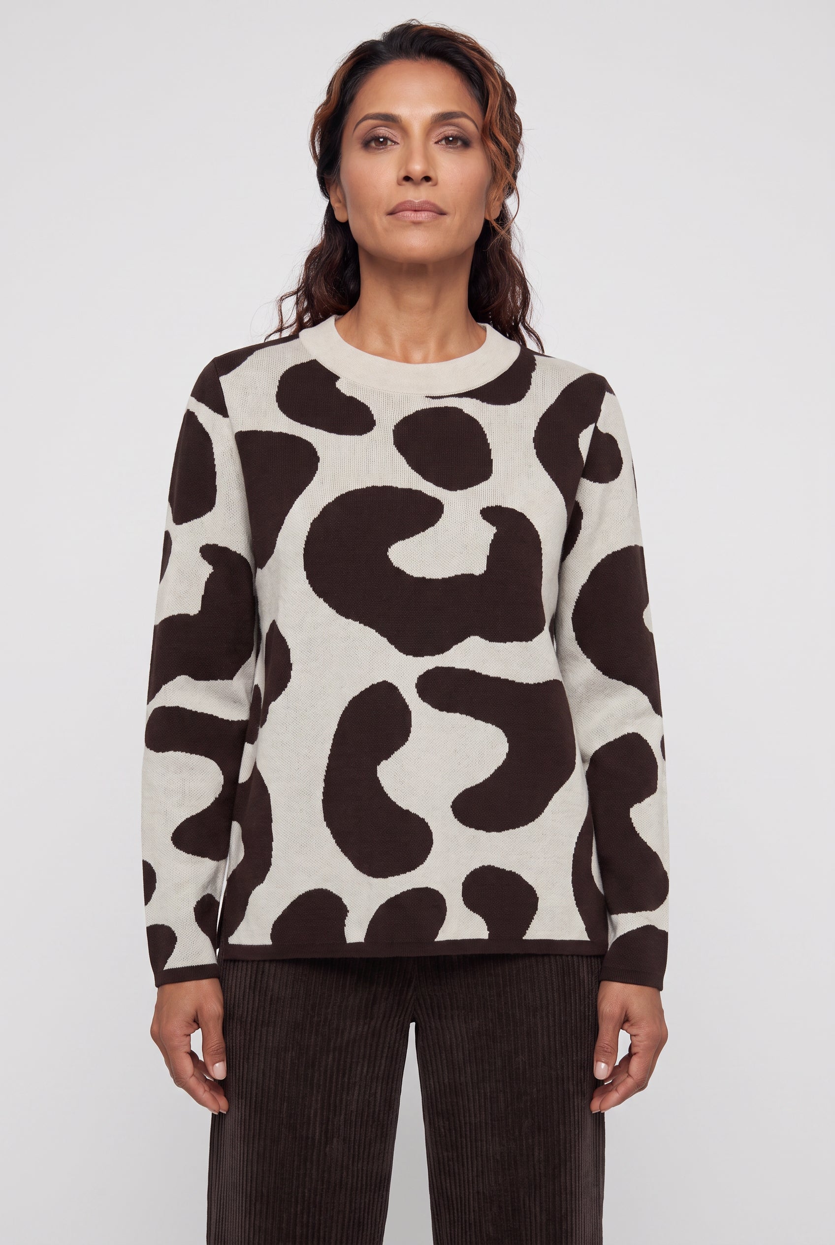Olsen Almond & Coffee Patterned Sweater with Round Neck, Long Sleeves