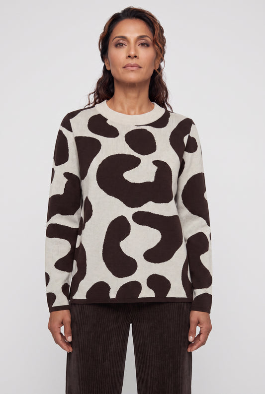Olsen Almond & Coffee Patterned Sweater with Round Neck, Long Sleeves