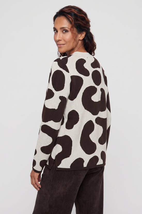 Olsen Almond & Coffee Patterned Sweater with Round Neck, Long Sleeves