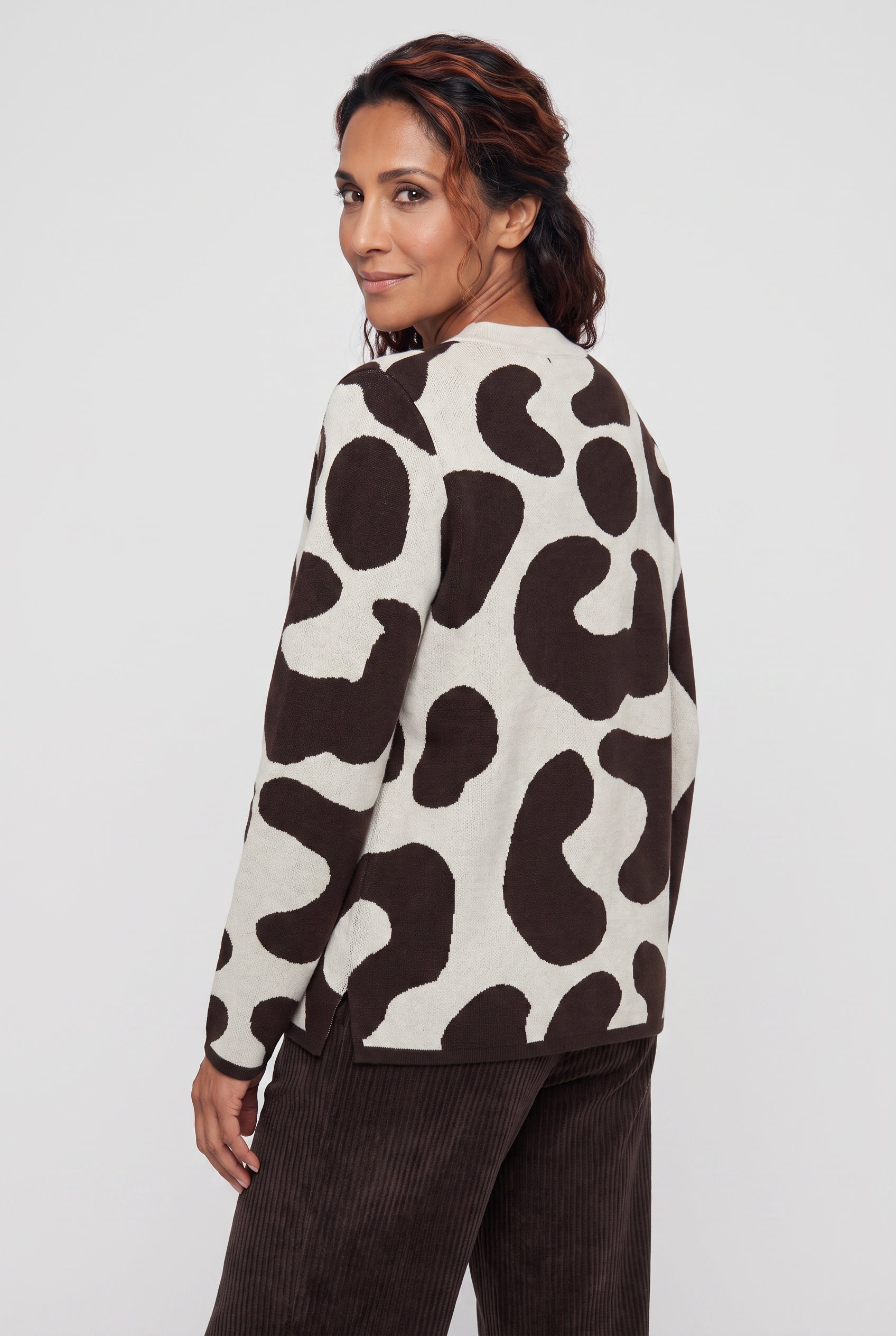 Olsen Almond & Coffee Patterned Sweater with Round Neck, Long Sleeves