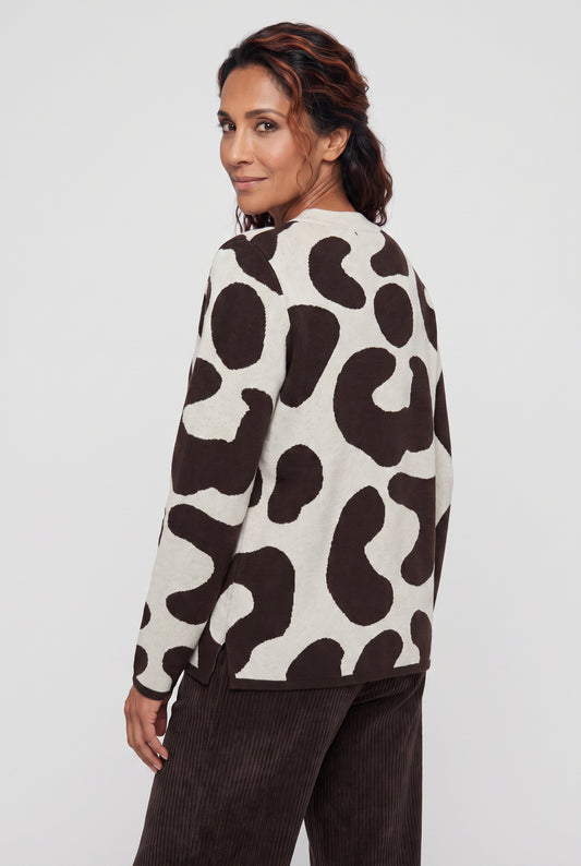 Olsen Almond & Coffee Patterned Sweater with Round Neck, Long Sleeves