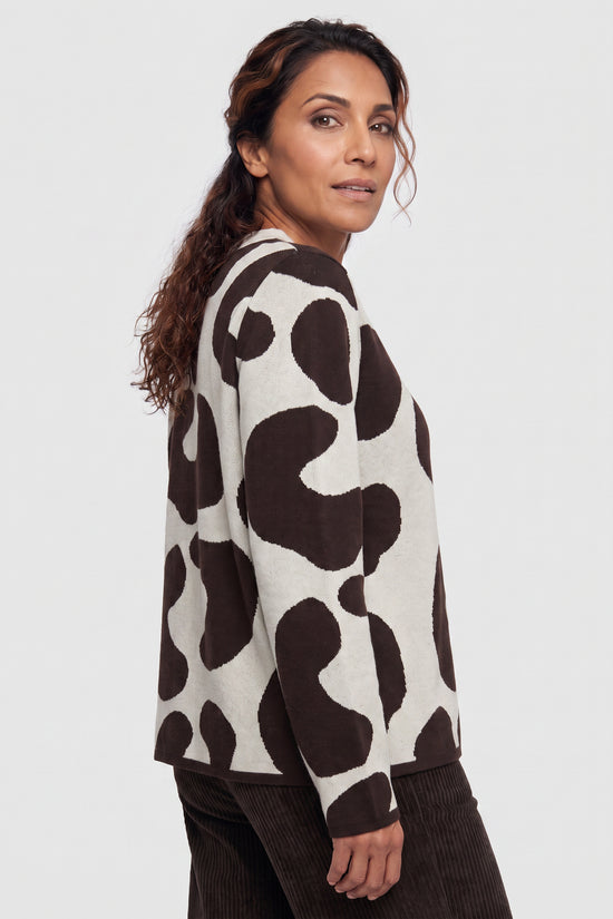 Olsen Almond & Coffee Patterned Sweater with Round Neck, Long Sleeves