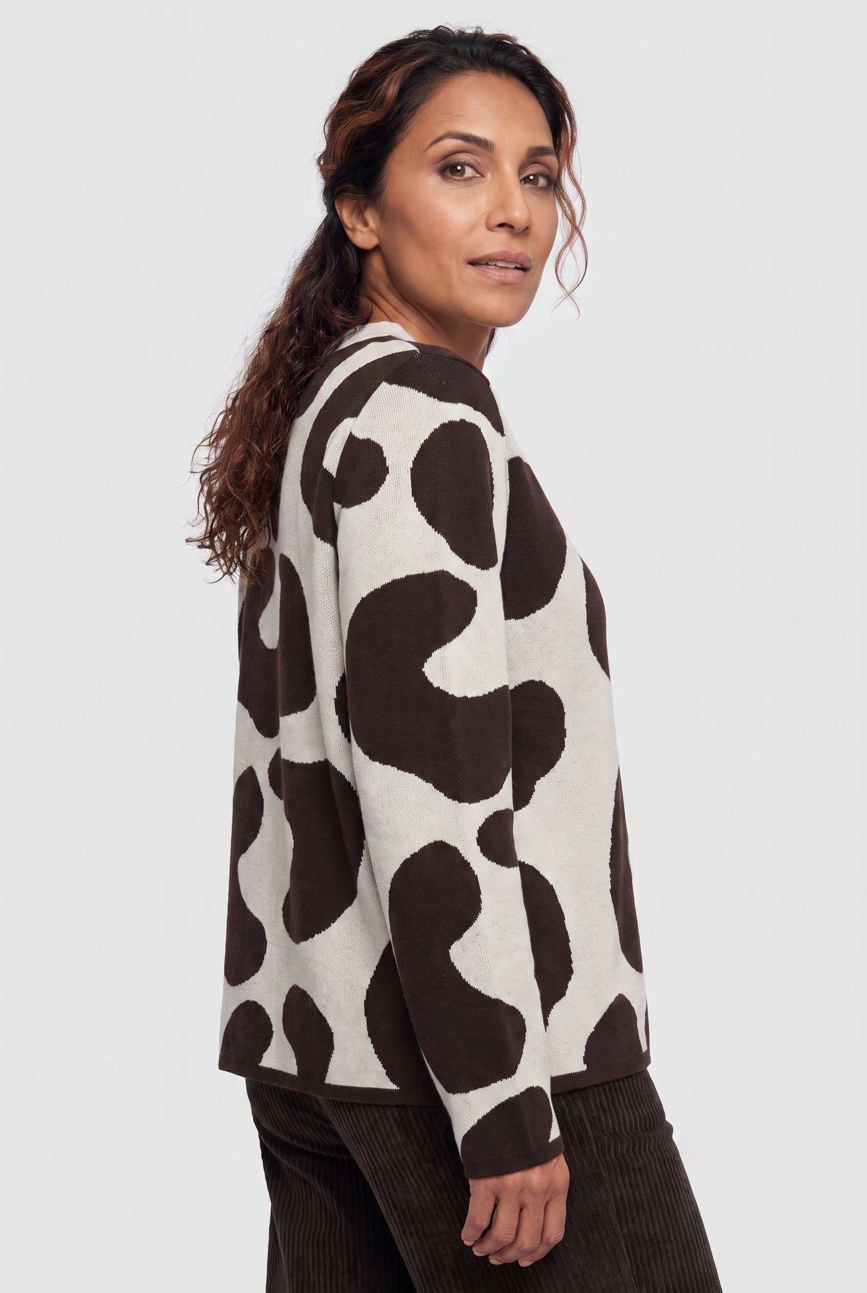Olsen Almond & Coffee Patterned Sweater with Round Neck, Long Sleeves
