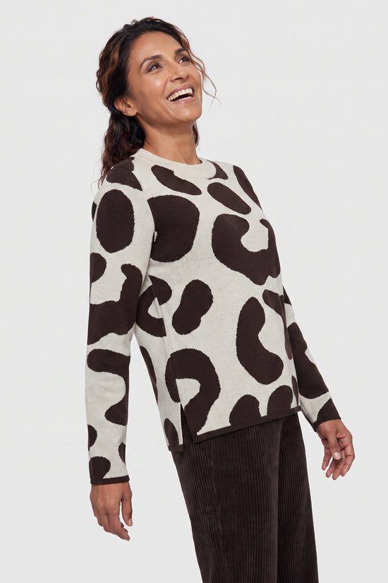 Olsen Almond & Coffee Patterned Sweater with Round Neck, Long Sleeves
