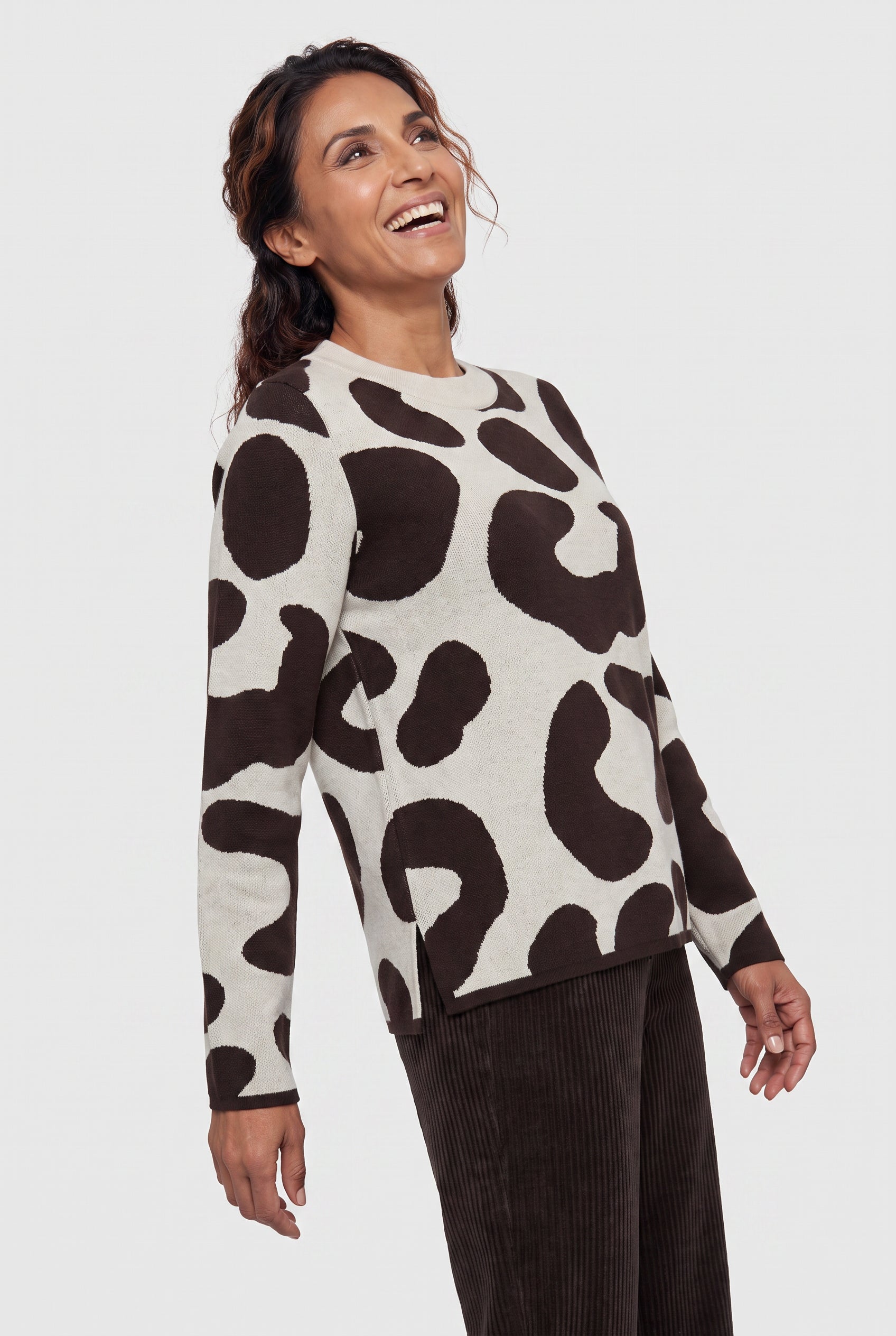 Olsen Almond & Coffee Patterned Sweater with Round Neck, Long Sleeves