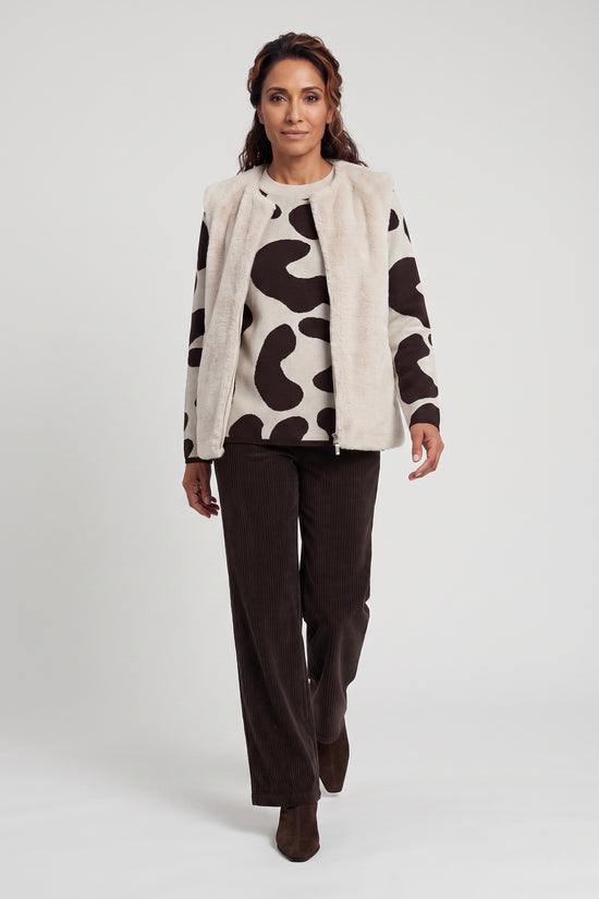 Olsen Almond & Coffee Patterned Sweater with Round Neck, Long Sleeves