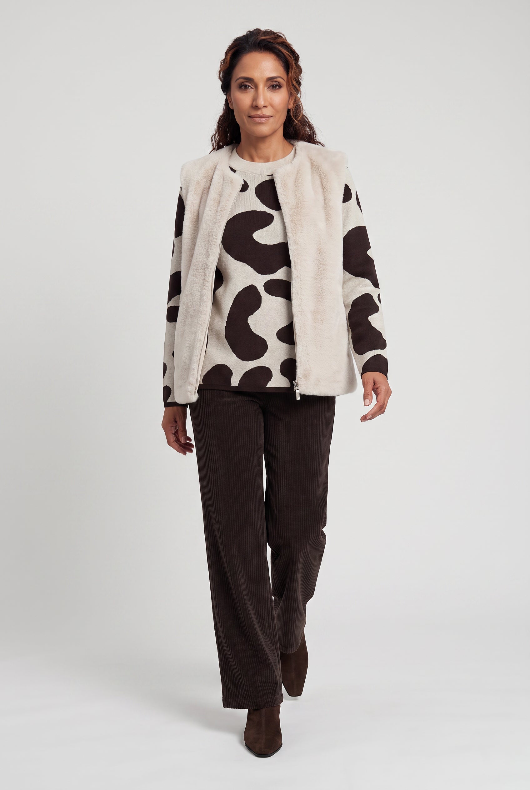 Olsen Almond & Coffee Patterned Sweater with Round Neck, Long Sleeves