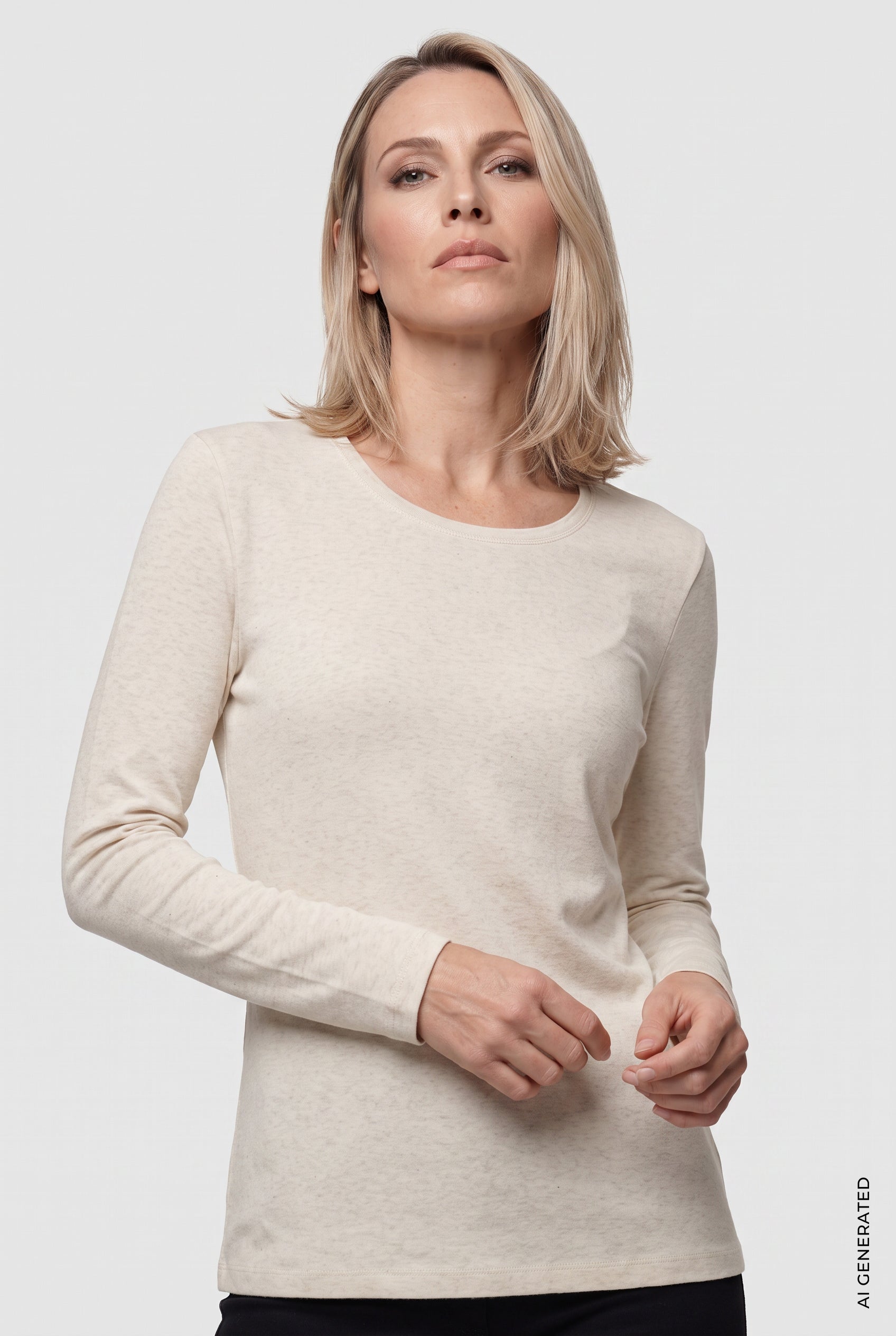 Olsen Almond Long Sleeve Cotton T-Shirt with Round Neck